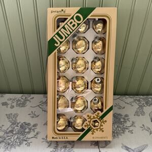 Vtg 80s Pyramid Gold Glass Round Ornament Jumbo Pack 18 Ornaments USA Made Retro